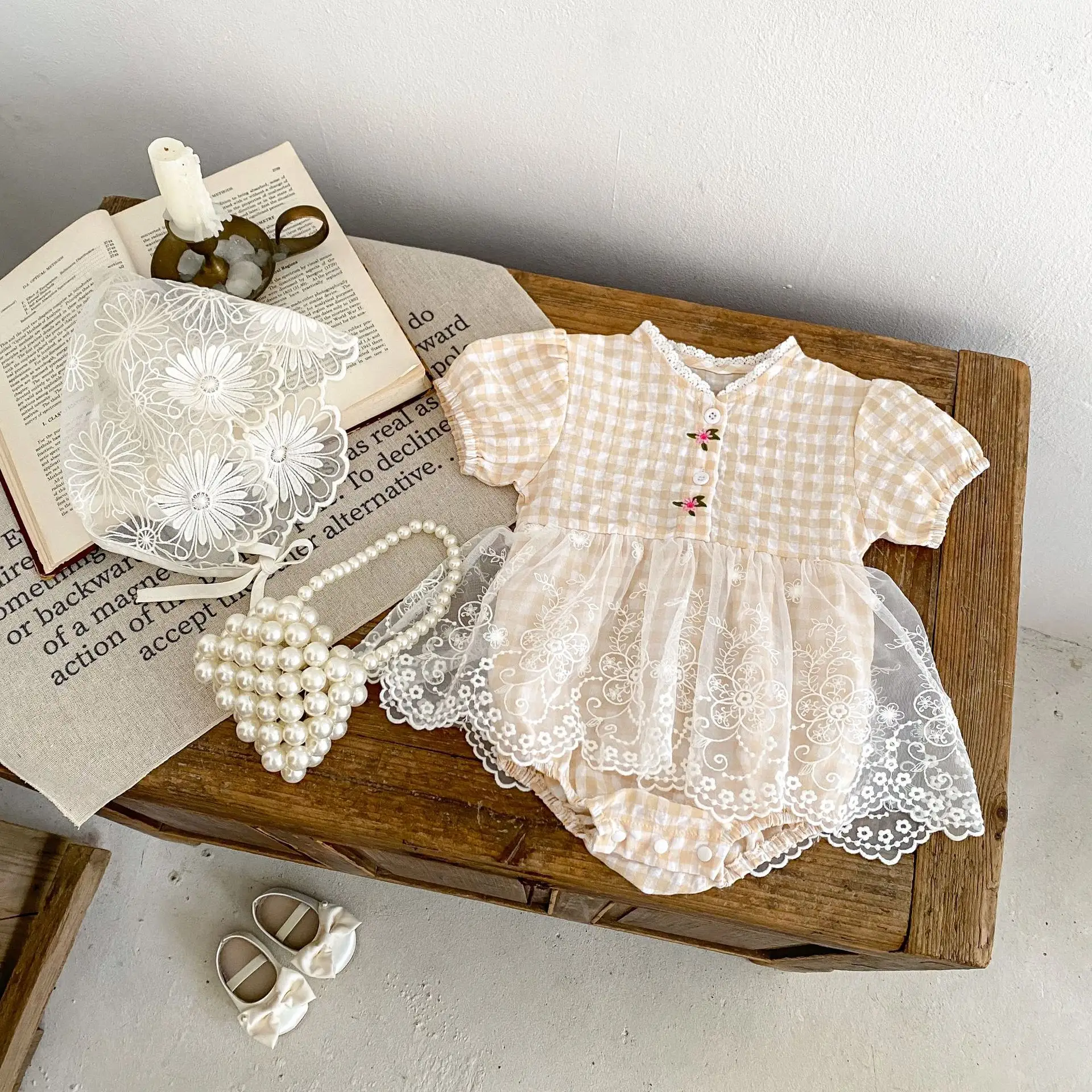 Engepapa Sommer Kinder Netz Spitzen-Jumpsuit Kind Baumwolle Kurzarm-Bekleidung Baby-Mädchen-Strampler