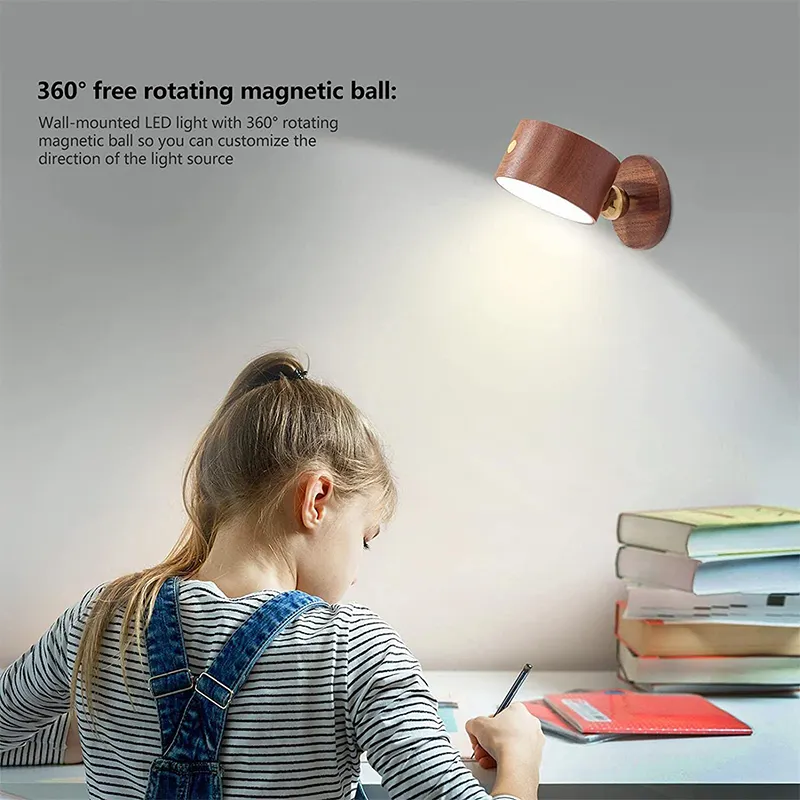 Espada amazon luminária de parede de madeira led, 360 rotativa, recarregável, operada a bateria, magnética, luz noturna