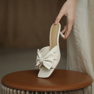New Summer Luxury Sheepskin Leather Outdoor Heel Bride Wedding Party Women <b>Slide</b> Sandal With Bow <b>Slippers</b> - Product Image 2