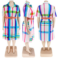 Robes d'automne grande taille de haute qualité pour femmes, robe chemise décontractée à manches courtes à carreaux, robe de bureau pour femme avec ceinture