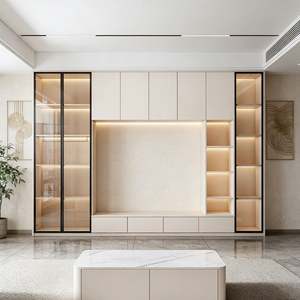 Meuble TV moderne multifonctionnel mural, console multimédia avec étagère en verre pour le salon - Product Image 1