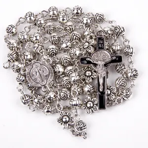 Antique Silver Plated Rose Flower shape Alloy Beads with Black Enamel Crucifix Religious Rosary Cross Necklace