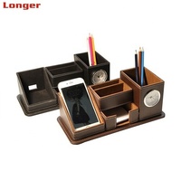 Organisateur de bureau en cuir PU LG-B050 pour stylos/crayons, boîte de rangement multifonction pour téléphone portable/télécommande avec HORLOGE, fournitures de bureau