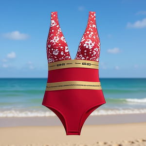 Traje de baño de una pieza para mujer, cuello en V profundo, estampado floral, cintura alta, Push Up, Spandex, poliéster, 8229-O12 - Product Image 2