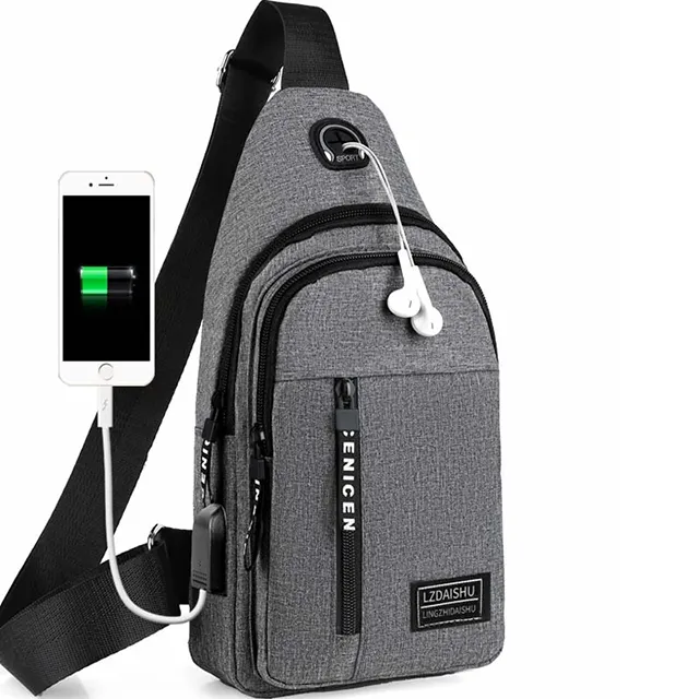 공장 도매 저렴한 남성 가슴 가방 패션 캐주얼 메신저 가방 캔버스 USB 충전 포트 유행 남성 가방 고품질