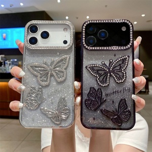 Funda Transparente para iPhone 17 Air con Marco de Diamantes Electrochapados, para iPhone 16 Pro Max con Mariposas y Soporte - Product Image 1