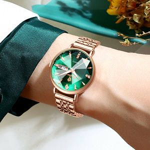 Binbond Women's Quartz Watch Rose Gold Green Dial Diamond Analog Date Display Stainless Steel <b>Bracelet</b> 10mm Thickness - Product Image 3