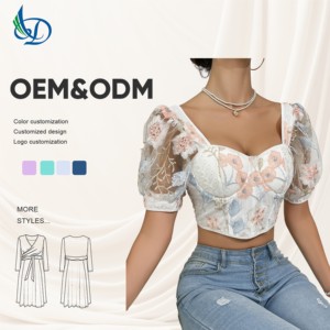 <span class=keywords><strong>Chemisier</strong></span> court en mousseline de soie à fleurs sexy à <span class=keywords><strong>manches</strong></span> <span class=keywords><strong>bouffantes</strong></span> avec armatures et bonnets rembourrés, haut pour <span class=keywords><strong>femme</strong></span> en dentelle de style français - Product Image 1