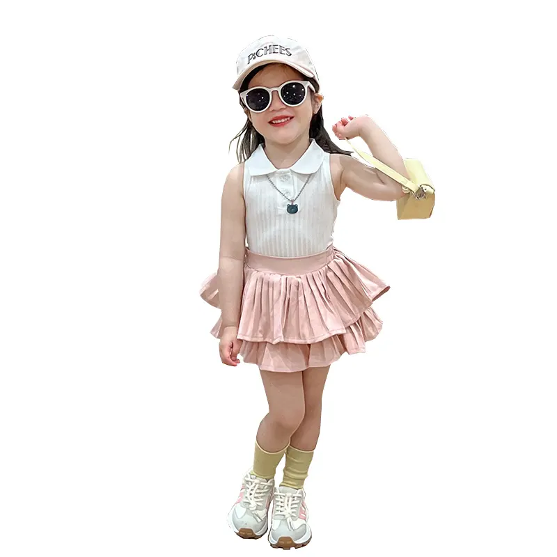 Koreanische Version der Kinder kleidung Sommer neue Mädchen lässig Revers Strickweste süße Falten rock Anzug