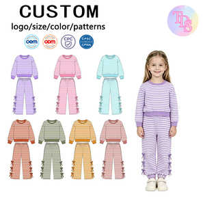 Ensemble jupe et sweat-shirt rayé personnalisé pour petites filles, avec nœud latéral, manches longues, respirant, tenues d'automne, faible MOQ pour enfants - Product Image 1