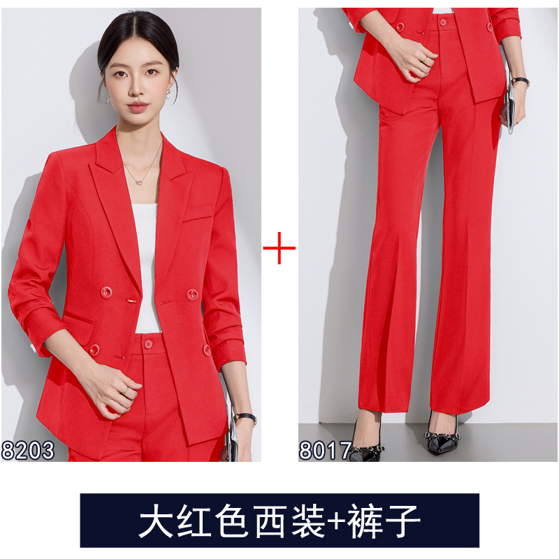 Bright red suit with flared trousers