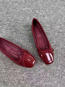 Elegant <b>Red</b> Patent Leather Flat With Bow Square Toe Slip-On Comfort Shoes All Seasons Solid Color Drop Shipping - Product Image 4