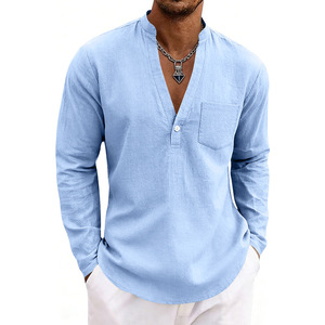Camicia da <span class=keywords><strong>uomo</strong></span> casual in lino con perline, scollo a V ampio, monopetto, tinta unita, traspirante, senza bisogno di stiratura, per primavera/autunno, <span class=keywords><strong>taglie</strong></span> forti, per il commercio transfrontaliero - Product Image 4