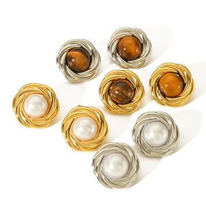 ต่างหูสแตนเลสทรงเกลียวประดับมุกและอำพันสำหรับผู้หญิง สวมใส่ได้ทุกวัน ดีไซน์ลายดอกไม้เรขาคณิตแบบฝังขอบ - Product Image 5