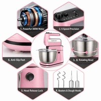 Batidora de Alimentos Eléctrica de Pie y de Mano con Tazón Mezclador de 250W en Color Rosa, Electrodoméstico de Cocina para Batir Huevos y Amasar Pasteles