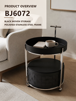Table d'appoint ronde en cuir caramel tressé avec rangement et structure en acier inoxydable, vente directe usine, OEM ODM