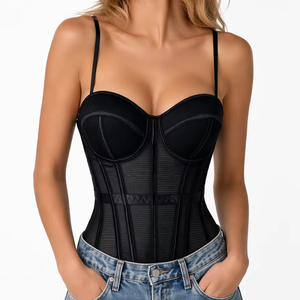 Chuangerm In Stock 2026 Hot Sales Clubwear Striped Mesh Sheer Breathable Underwire Cups Cinch Waist Corset De Mujer Tops