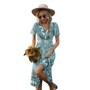 エレガントなプラスサイズのレーヨンビスコース包帯ビーチドレスボヘミアン自由奔放に生きるシックなマキシ夏の女性卸売花柄ドレス服