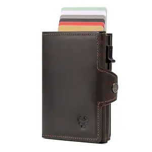 HUMERPAUL, tarjetero para hombre con bolsillo para dinero, billetera minimalista emergente de cuero Crazy Horse, funda delgada de Metal para tarjetas bancarias con bloqueo RFID