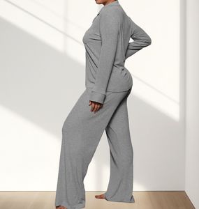 OEM Pyjamas grande taille à boutons et manches longues en coton et bambou pour femmes, 2 pièces, 1x1, pyjamas en jersey côtelé, vêtements de nuit pour femmes - Product Image 2