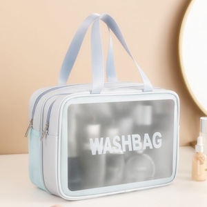 Double Layer Wet Dry Separation <b>Toiletry</b> Bag PU Waterproof Cosmetic <b>Storage</b> Travel Bag With Clear Window For Trip Use - Product Image 4
