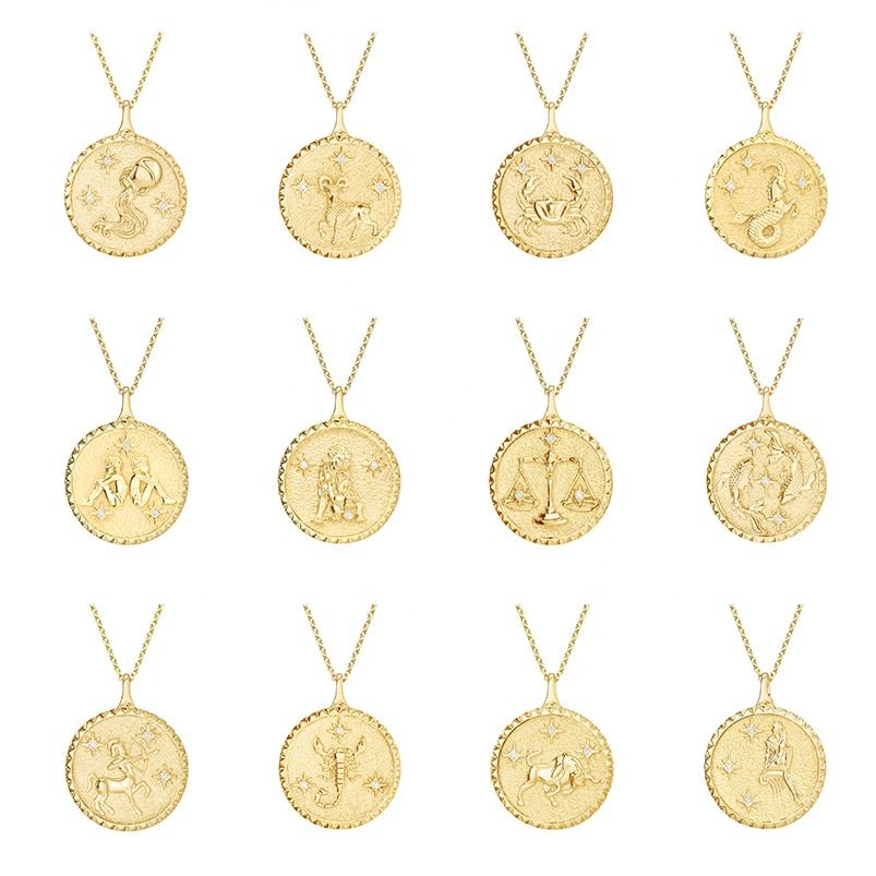 Gemnel High Quality 18k Gold Custom Jewelry Zodiac Signs Diamond Coin  Pendant Necklace
