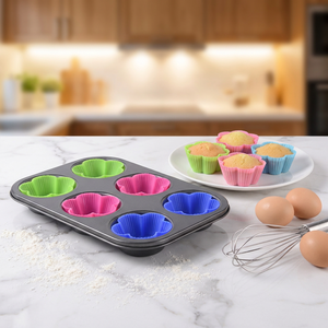 Molde <span class=keywords><strong>para</strong></span> Muffins de Acero al Carbono Antiadherente de 6 Tazas con 6 Moldes de Silicona Reutilizables, Juego de Utensilios <span class=keywords><strong>para</strong></span> Hornear Premium <span class=keywords><strong>para</strong></span> Cupcakes y Muffins - Product Image 1