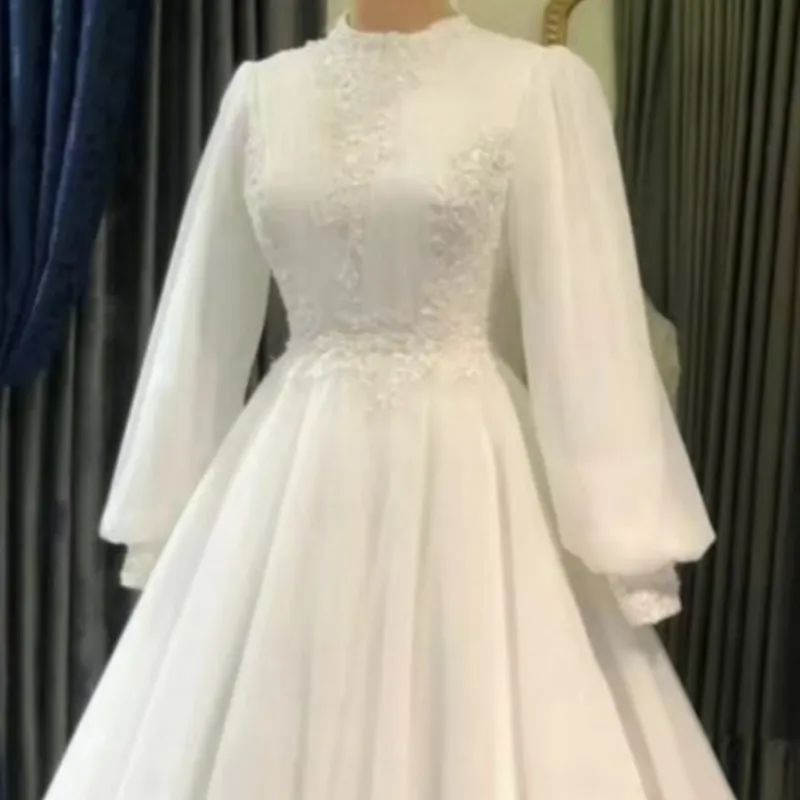 Bán buôn tùy chỉnh Vai Bọc dài tay trắng Pong váy satin Wedding Dress