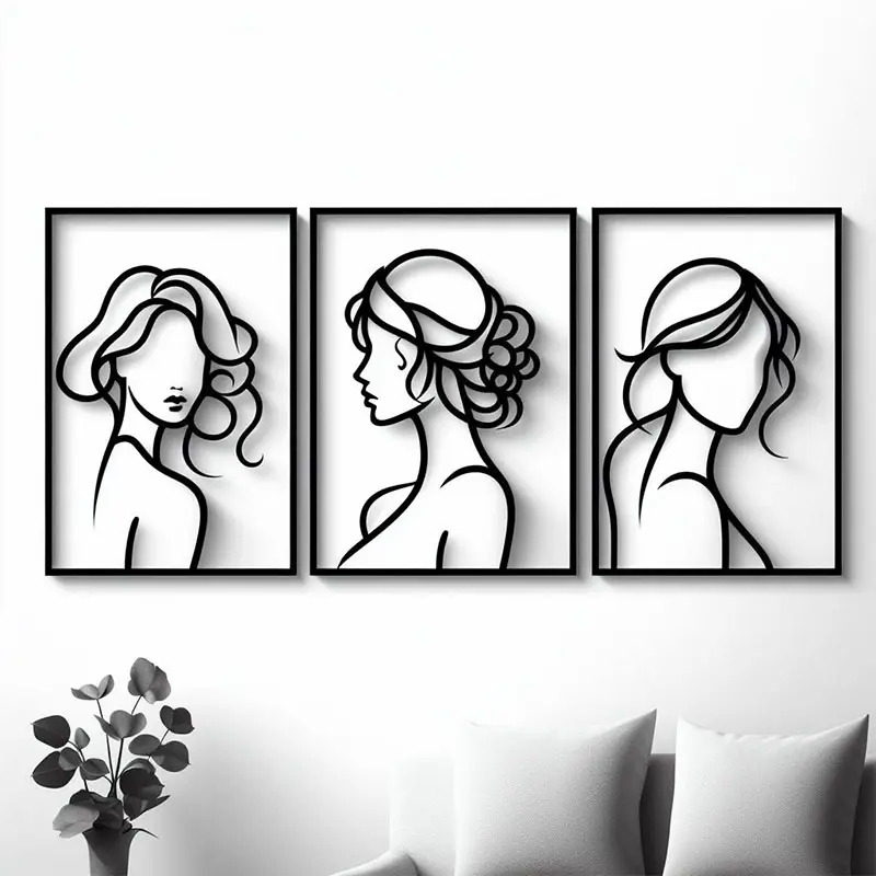 Individuelle 3-teiliges Metall-Wandbild Dekor minimalistisch abstrakt Damenwandkunst Metall moderne Linienzeichnung Wandkunst Dekor mit Schachtel