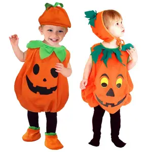 Carino senza maniche pagliaccetto arruffato tuta abiti neonato zucca Costume con cappello KCFC-006