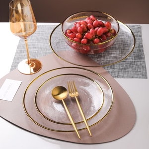 <span class=keywords><strong>Assiette</strong></span> ronde en verre transparent écologique HYC-PL04 avec bord doré pour banquets de mariage et dîners en promotion - Product Image 1