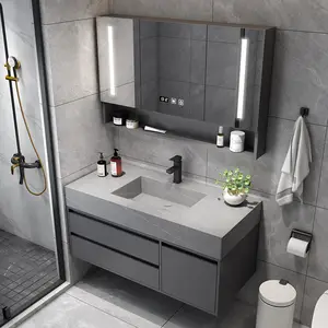 Modern gri duvar montaj banyo Vanity otel katı ahşap tuvalet depolama dolabı seti mermer yüzen Vanity