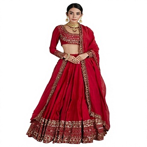 <b>Red</b> Indian Pakistani Lehenga Set Embroidered Blouse Dupatta Traditional Wedding Outfit Women <b>Silk</b> Floor-Length Loose Fit - Product Image 1