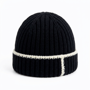 Unisex Acrylic Beanie Hat Solid Color Contrast Stripe Knit <b>Winter</b> <b>Cap</b> Casual Style for Adults 56-58CM Head Circumference - Product Image 1