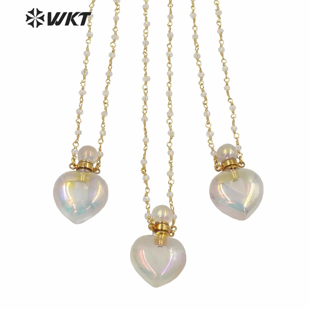 WT-N1237 WKT İnanılmaz Aura altın elektroliz kristal kuvars kalp şekli parfüm şişesi kolye Aura taş kristal kolye