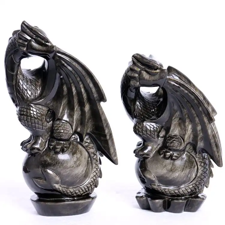 Pierre De Cristal naturel Sculpté Dragon Volant D'or Obsdian Dragon Sculpture Pour La Décoration