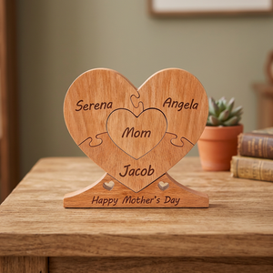 Decoración de rompecabezas de madera en forma de corazón grabada con nombres y mensaje de Feliz Día de la Madre, diseño independiente - Product Image 2