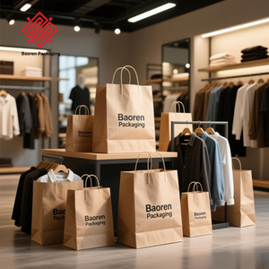 Sac à vêtements personnalisé Baoren avec logo, design promotionnel, papier artistique brun classique, matériaux recyclés, fond plat, poignée à cordon - Product Image 4