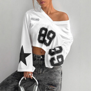 T-shirt en jersey à <span class=keywords><strong>manches</strong></span> longues et à motif graphique de style gothique Y2K pour femmes, haut en maille à col en V avec motif à carreaux respirant - Product Image 3