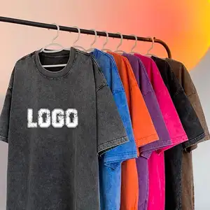 Algodón pesado con Logo Stone Hombres Mujeres camiseta desgastada DTG Print Oversize Black Custom Vintage Acid Wash camiseta