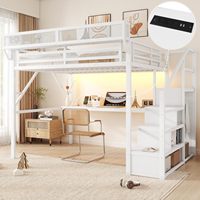 Lit mezzanine moderne en métal taille Queen avec étagères de rangement intégrées, armoire, sommier à lattes solides, garde-corps, sans sommier à ressorts, montage facile