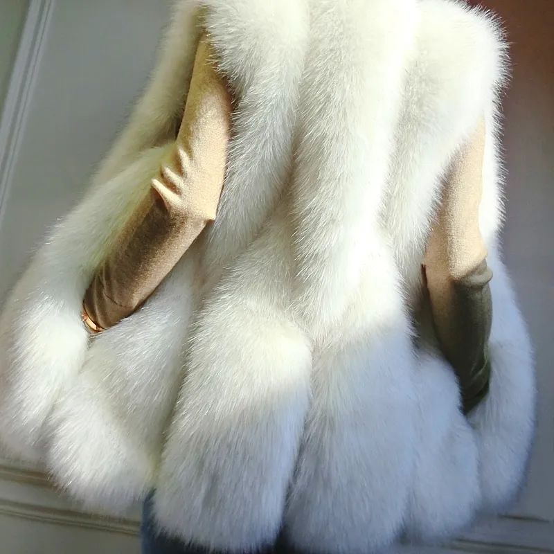 Custom Winter Ladies'New Faux Fox Fur Vest Medium Length Style Warm Sleeveless Patchwork Faux Fur Coat