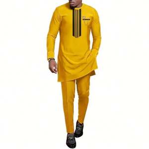 Vêtements Traditionnels Africains, Ensemble Caftan Jaune pour Homme, <span class=keywords><strong>Tenue</strong></span> Dashiki Brodé à Manches Longues, Vêtement de Cérémonie Sur Mesure - Product Image 1