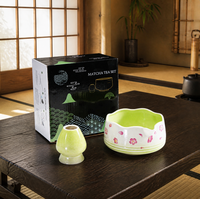 Ensemble de cérémonie du matcha avec outils, motif dégradé de fleurs de cerisier, boîte cadeau en céramique Sakura, bol à matcha avec bec verseur