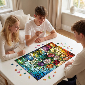 Puzzle de roses en vitrail 1000 pièces, finition mate en couleur, jouet éducatif en carton - Product Image 1