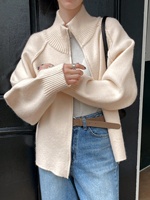 Damen-Strickjacke im koreanischen Stil für den Herbst, dick, mit langen Ärmeln, einfarbig, Stehkragen, Reißverschluss