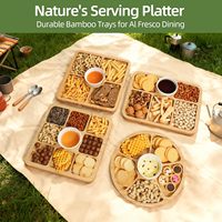 Plateau de service et assiette en bambou moderne jetable, plateau à charcuterie carré, couvercle hermétique anti-fuite (5 compartiments), cadeau de fête