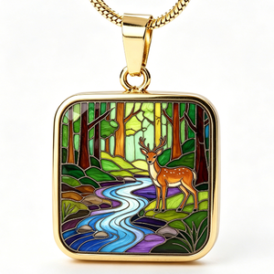 Colgante Rectangular Chapado en Oro con Escena de Ciervos en el Bosque, Artesanía Metálica con Temática Animal y Esmaltado - Product Image 6