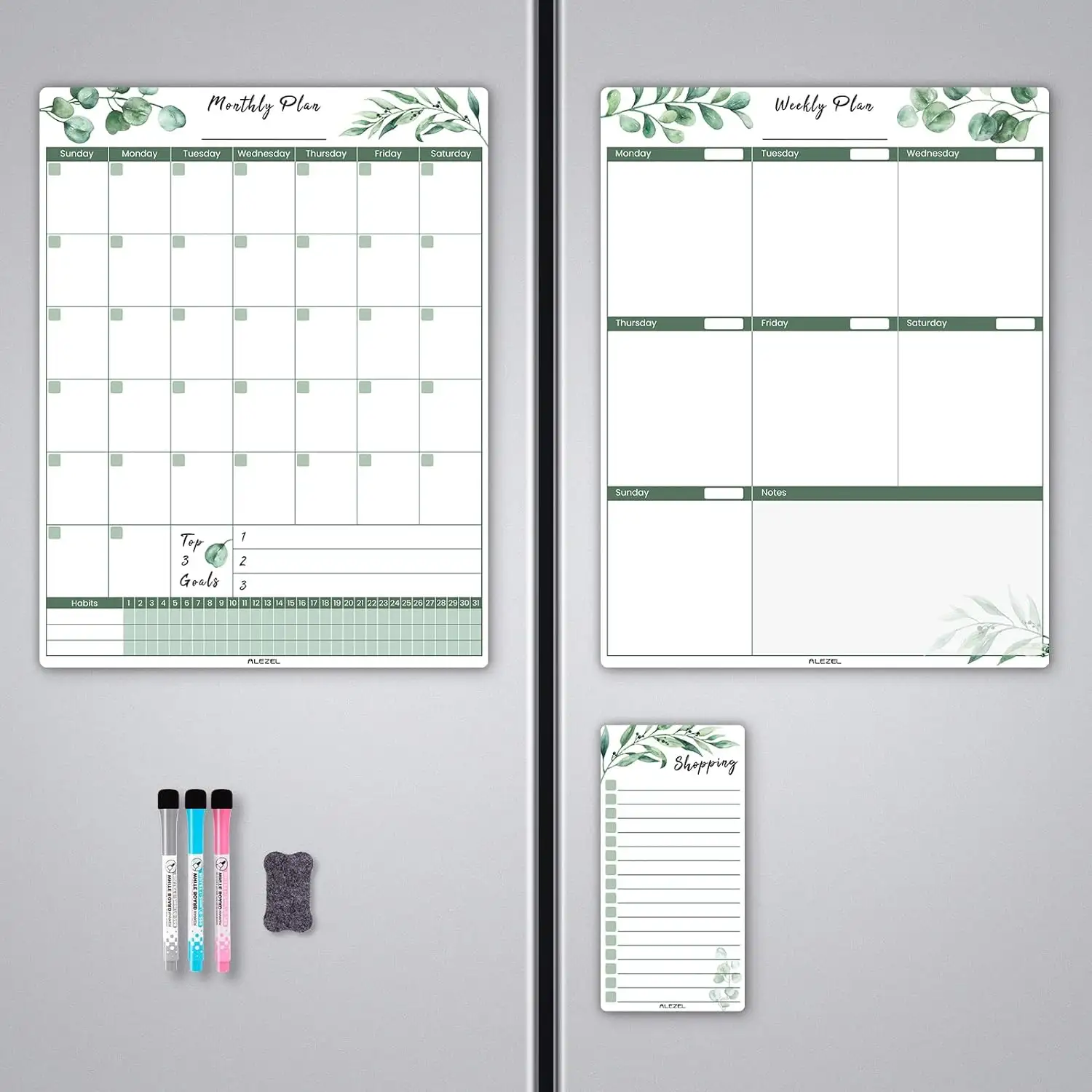 Magnetkalender für Kühlschrank, Trocknung von Grünen Kühlschrank-Kalender-Set (3 Tafeln) - Monatlicher und Wochenplaner Whiteboard
