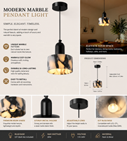 Mini Suspension Tambour en Marbre Naturel avec Capuchon Noir Mat et Cordon Réglable pour Salle à Manger, Îlot de Cuisine, Lampe de Plafond Suspendue